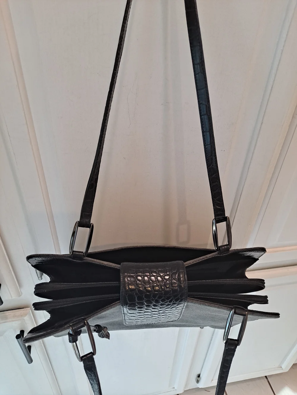 Dana B + Karen Gray Fabric Black Leather Trim Functional Modern Shoulder Bag